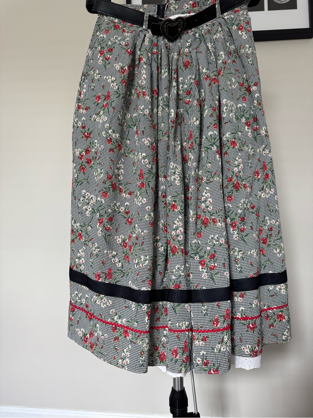 Vintage Handmade Floral Gingham Midi Skirt M-L